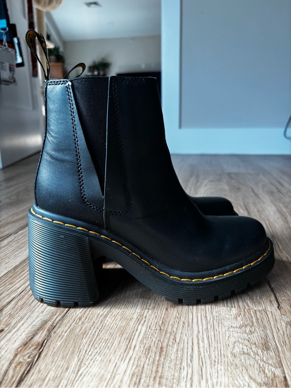 Dr. Martens Black Leather Platform Chelsea Boots with Yellow Stitching